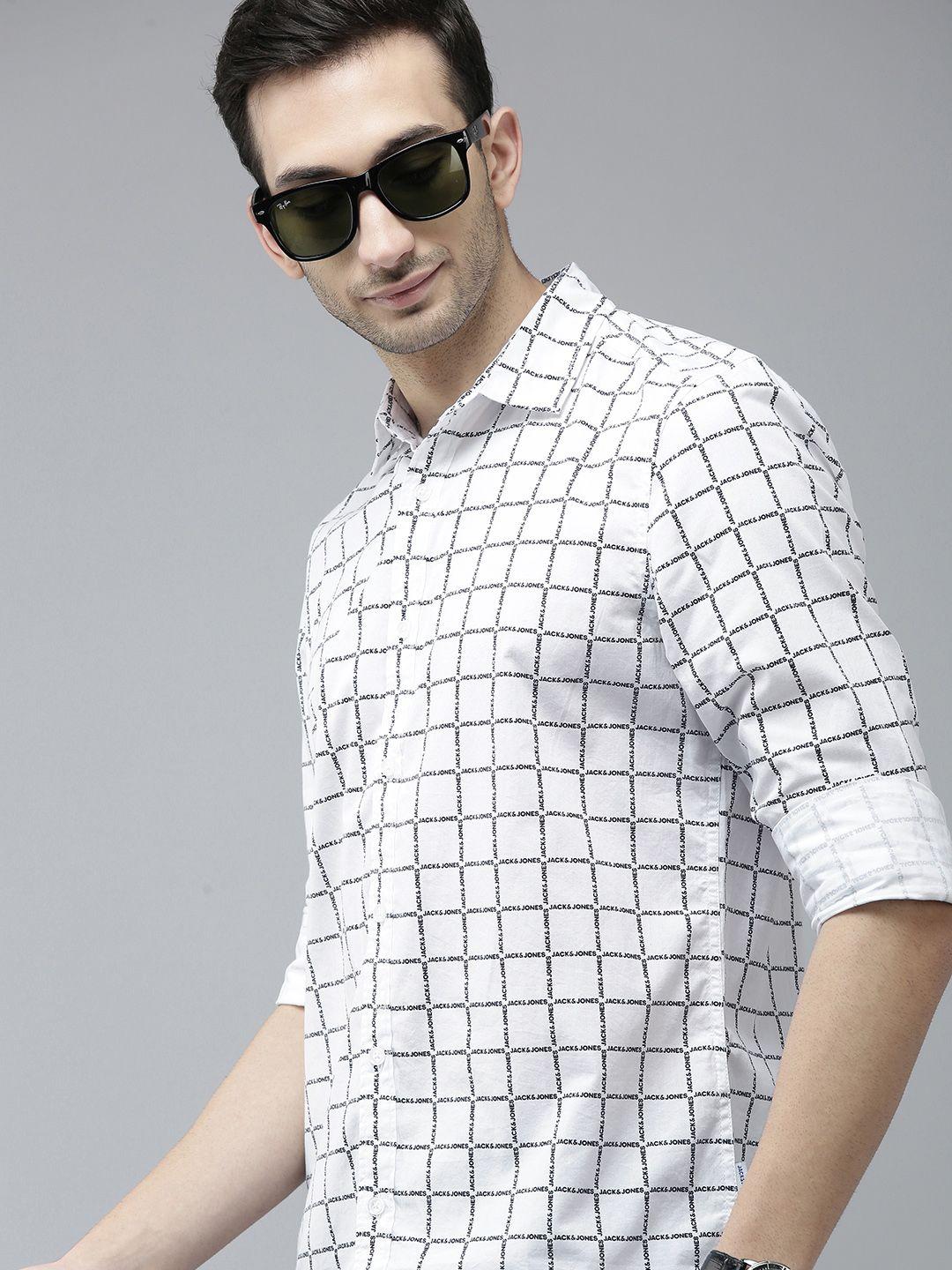 jack & jones men white & black slim fit brand logo printed pure cotton casual shirt