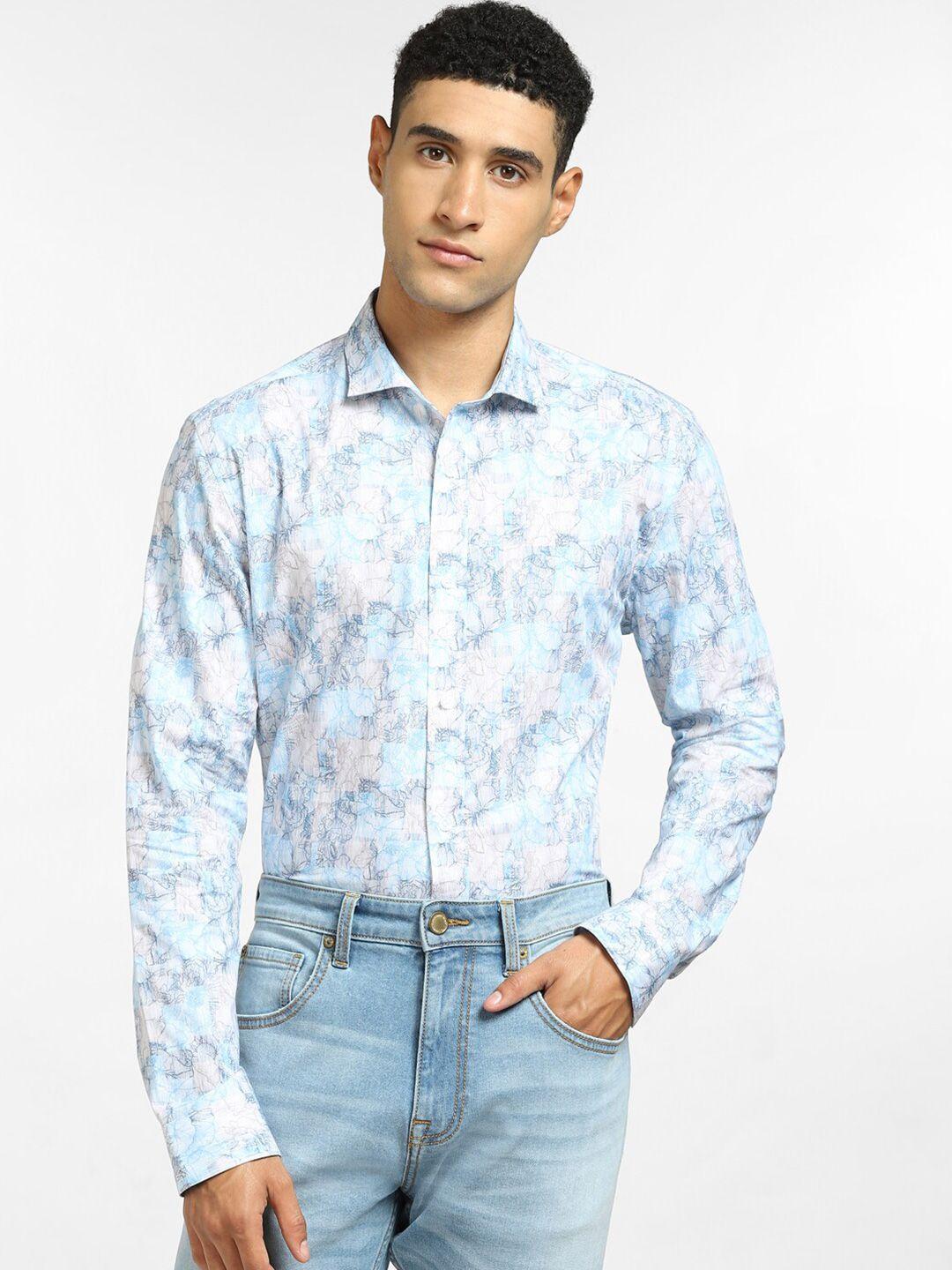 jack & jones men white & blue printed cotton casual shirt