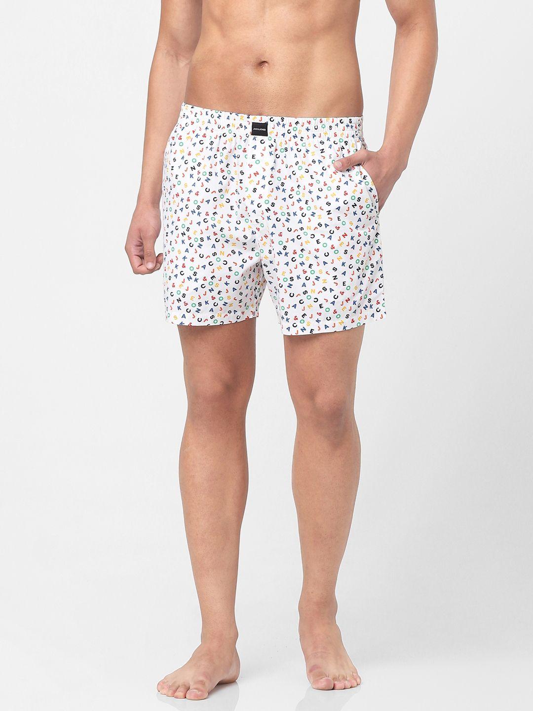 jack & jones men white & blue printed pure cotton boxers