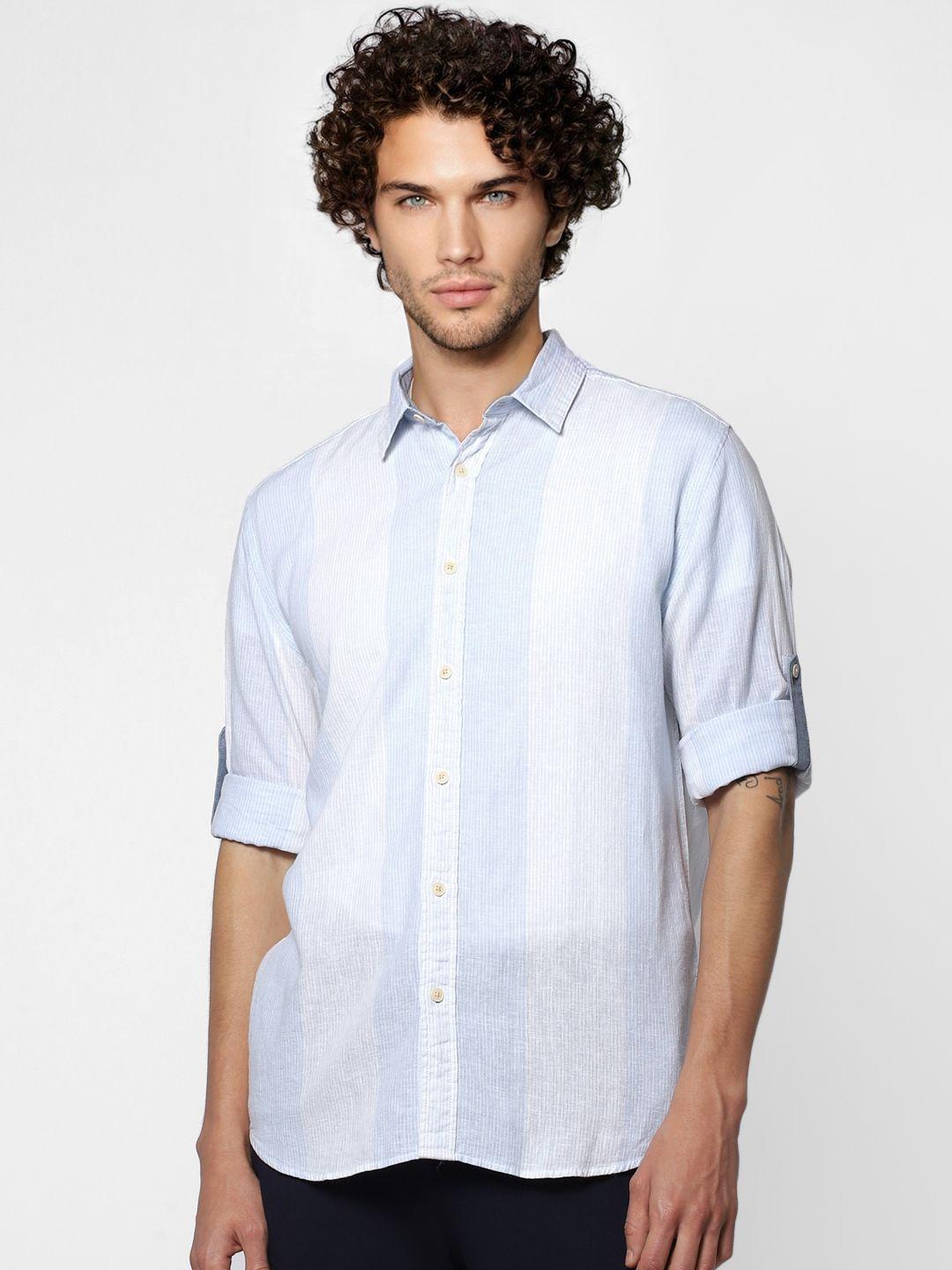 jack & jones men white & blue regular fit striped casual linen-cotton shirt
