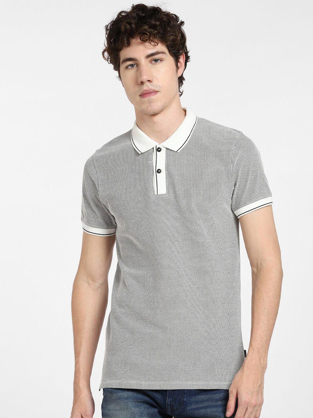 jack & jones men white & grey cotton polo collar slim fit t-shirt
