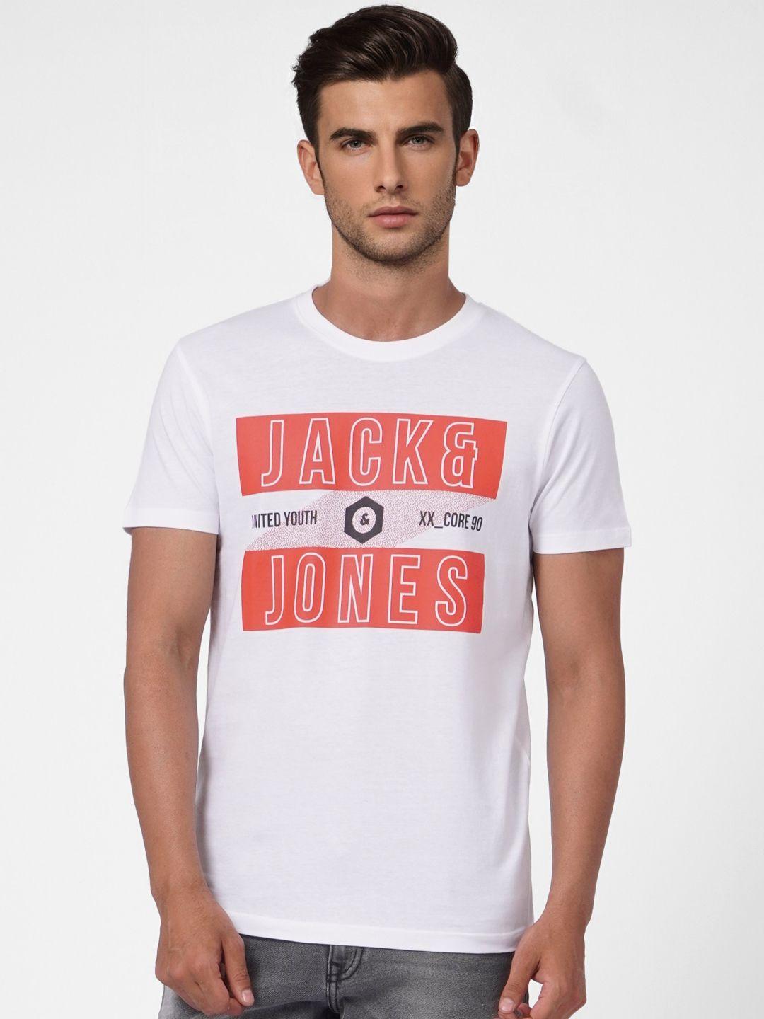 jack & jones men white brand logo printed pure cotton t-shirt