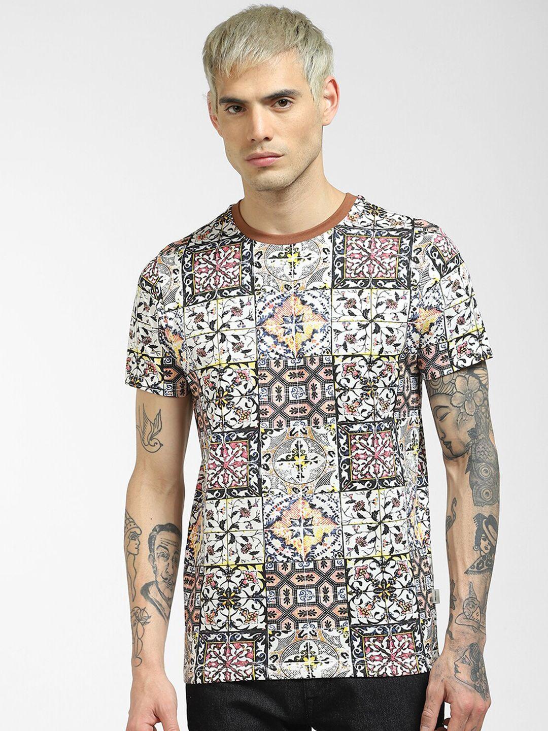 jack & jones men white printed v-neck applique t-shirt