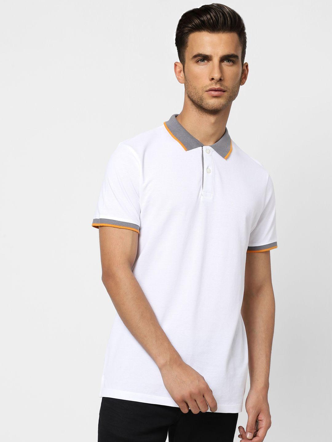 jack & jones men white solid contrast polo collar pure cotton slim fit t-shirt