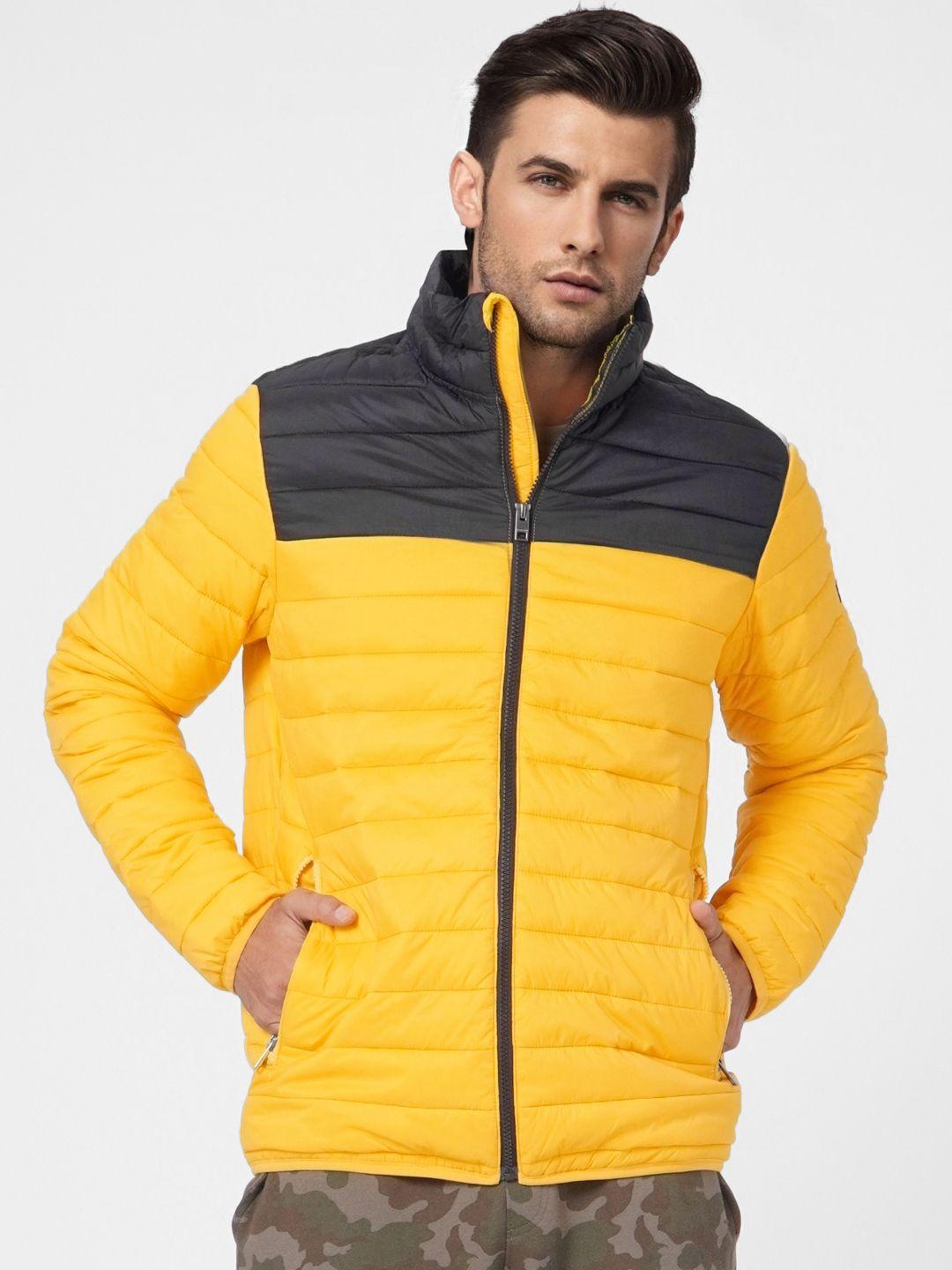 jack & jones men yellow & black colourblocked puffer jacket