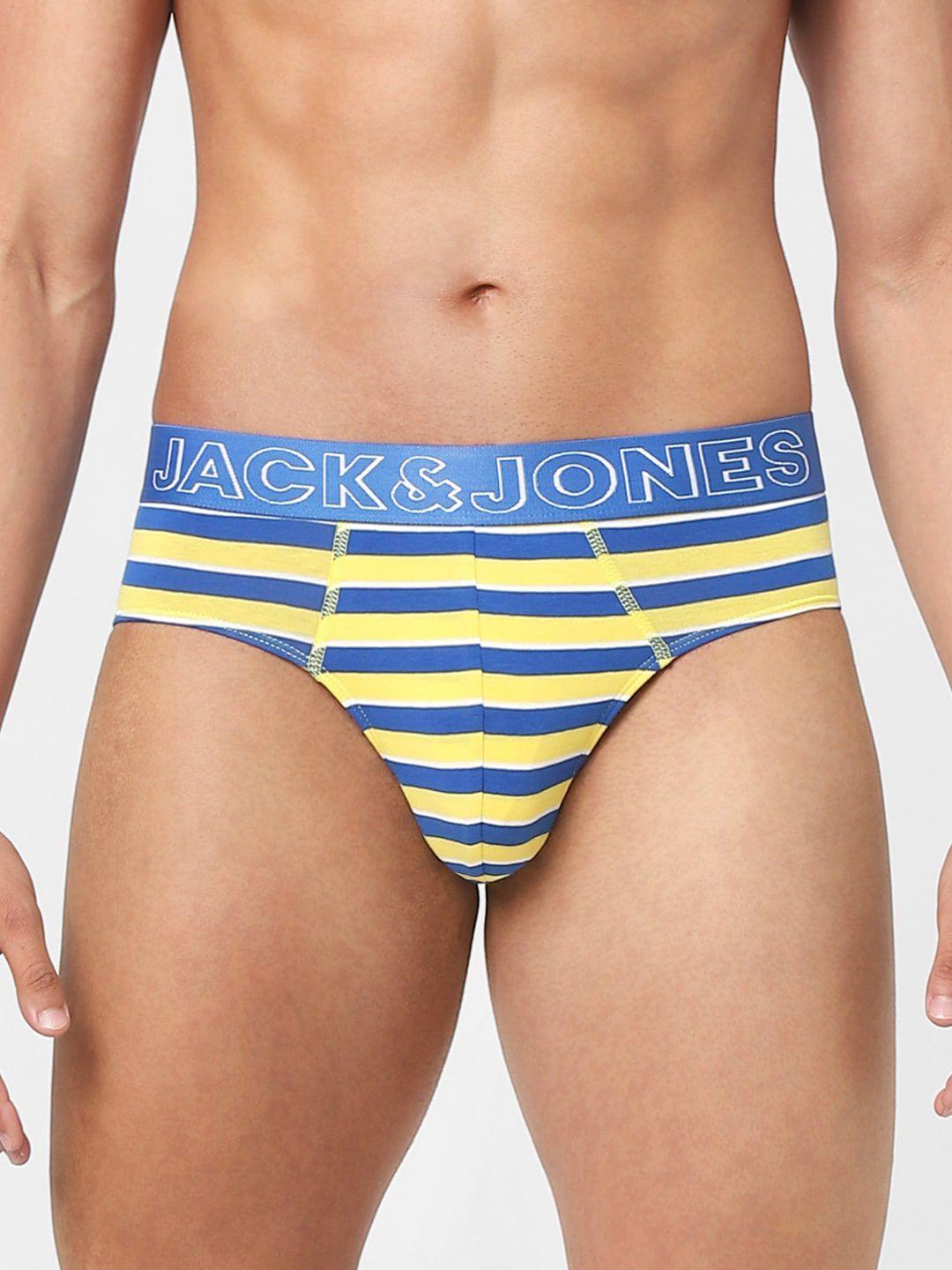 jack & jones men yellow & blue striped cotton basic briefs - 6388049