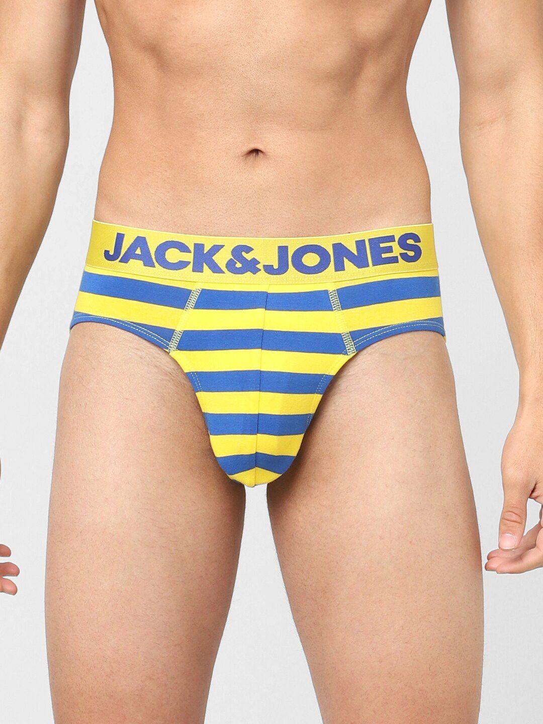 jack & jones men yellow & blue striped cotton basic briefs 116793403