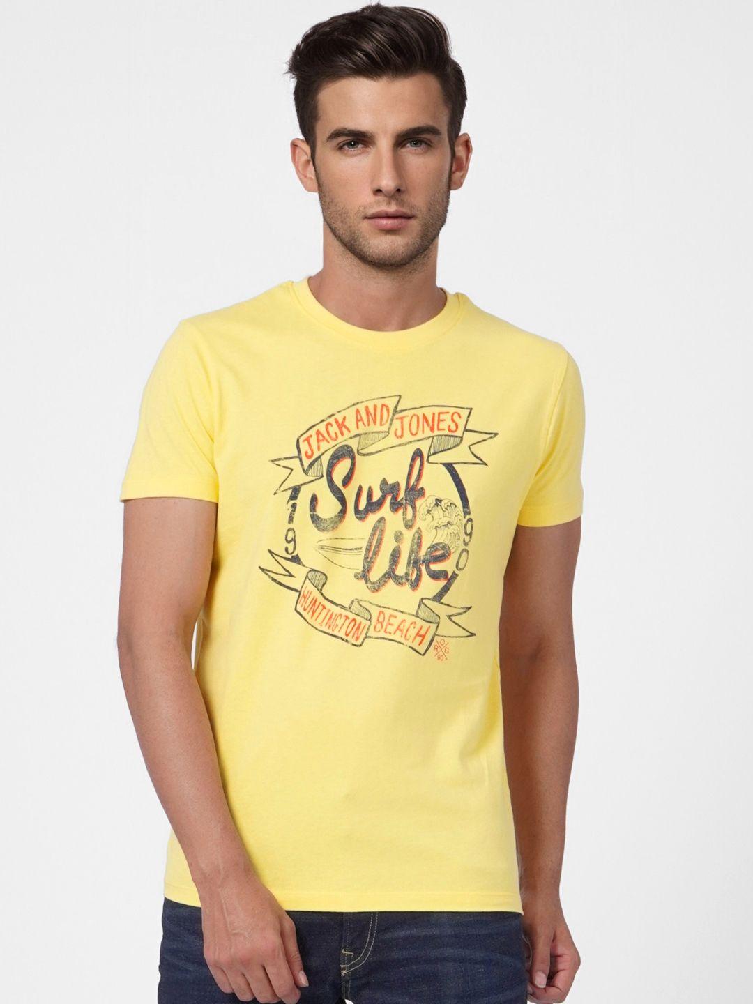 jack & jones men yellow & multicoloured printed slim fit pure cotton casual t-shirt