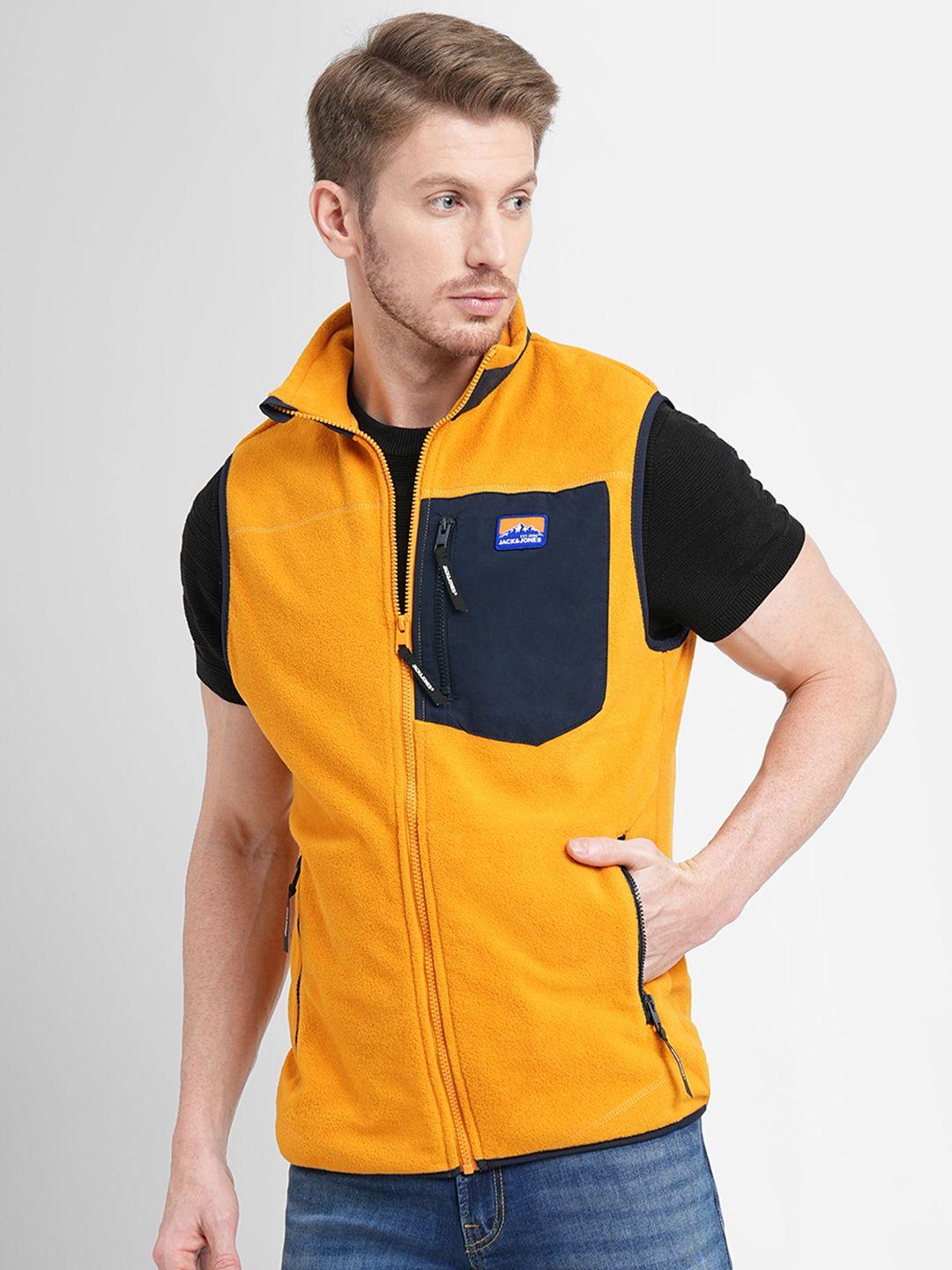 jack & jones men yellow & navy blue colourblocked tailored jacket