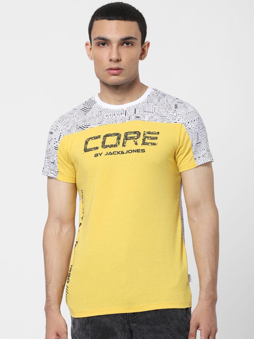 jack & jones men yellow & white typography printed casual t-shirt