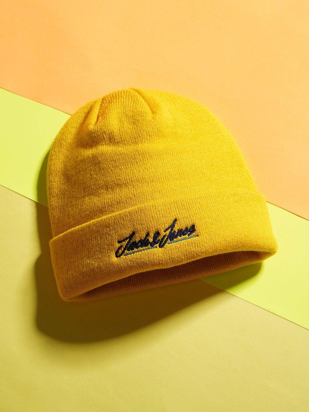 jack & jones men yellow brand logo embroidered beanie