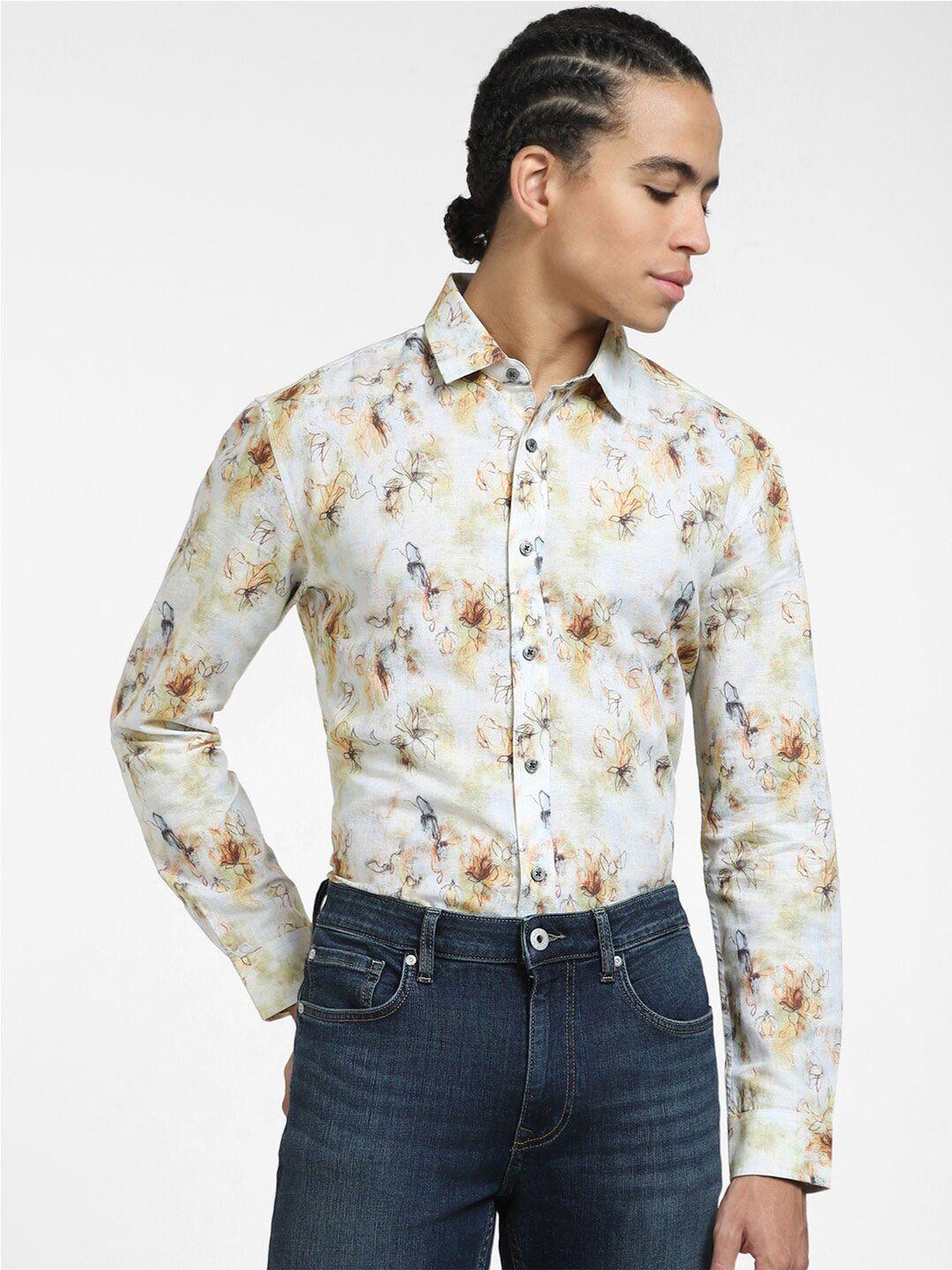 jack & jones men yellow floral printed casual shirt