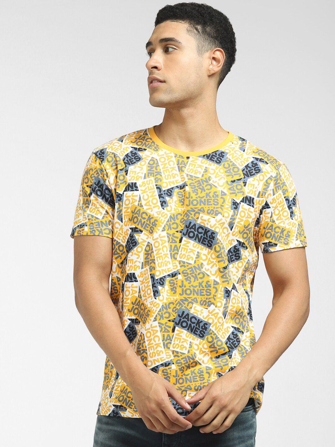 jack & jones men yellow floral printed t-shirt