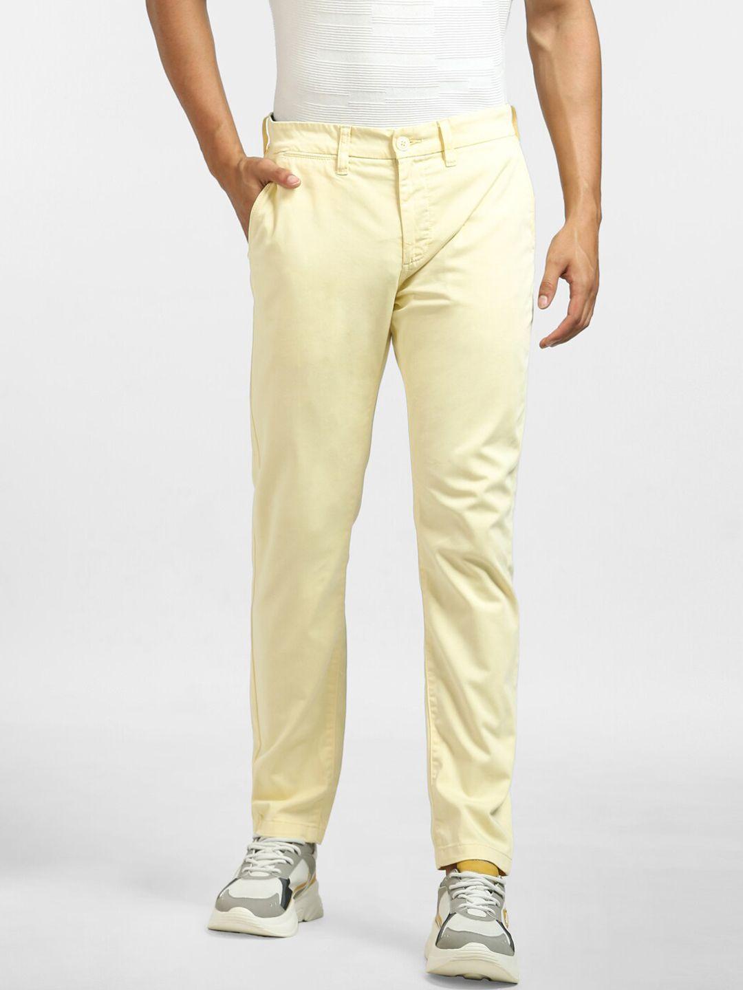 jack & jones men yellow low-rise cotton chinos trousers