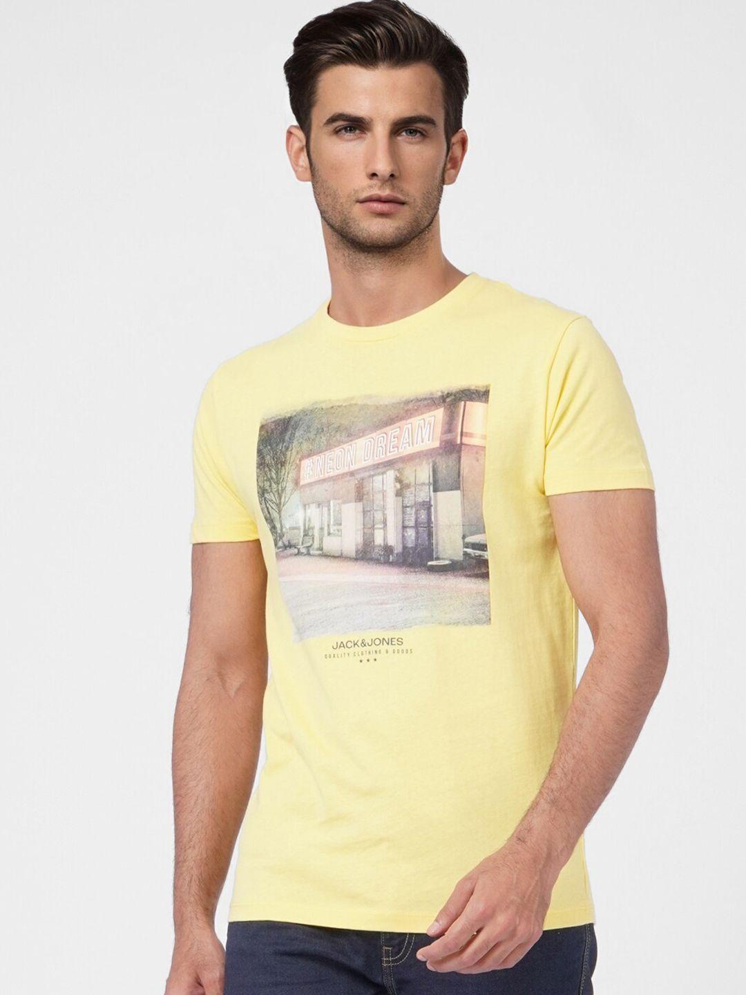 jack & jones men yellow printed cotton slim fit t-shirt