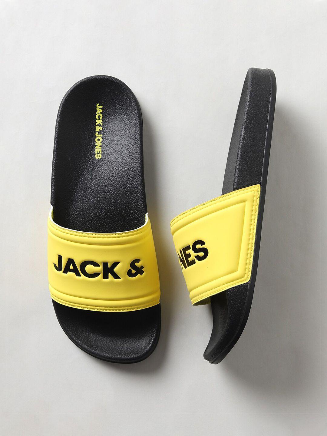 jack & jones men yellow printed sliders