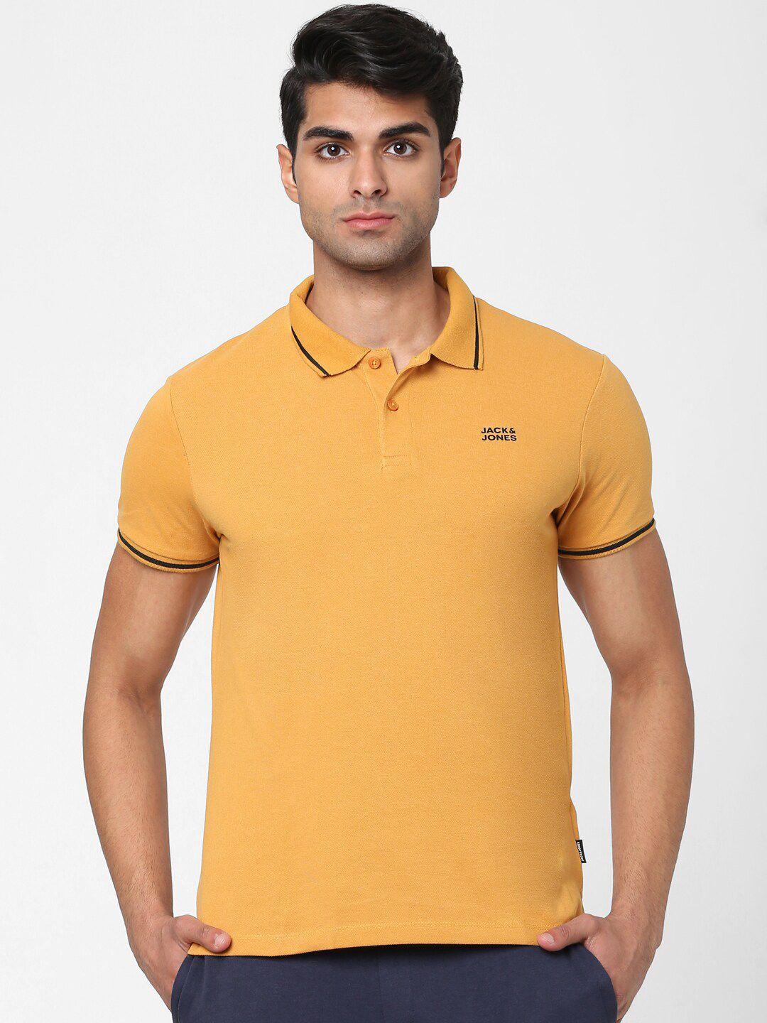 jack & jones men yellow solid polo collar cotton t-shirt