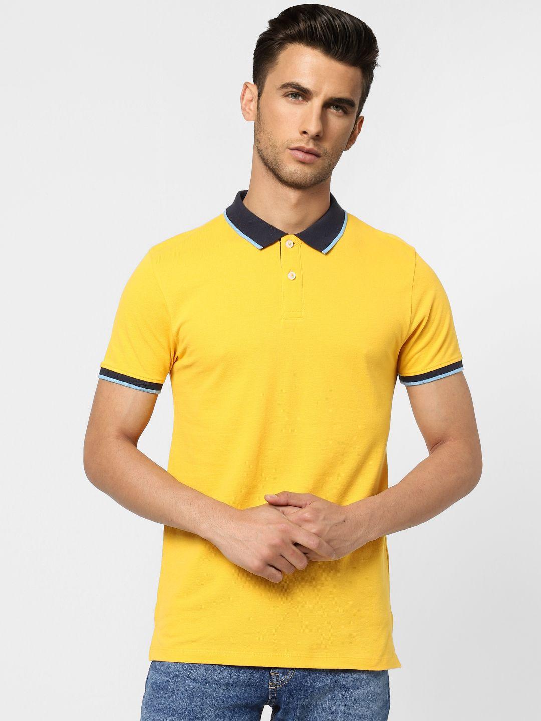 jack & jones men yellow solid polo collar slim fit t-shirt