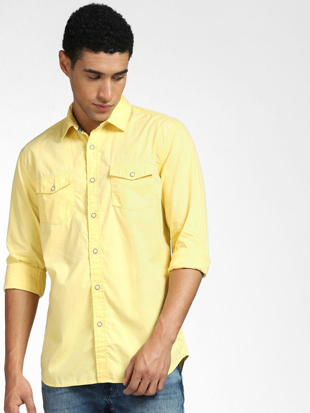 jack & jones men yellow solid slim fit casual shirt