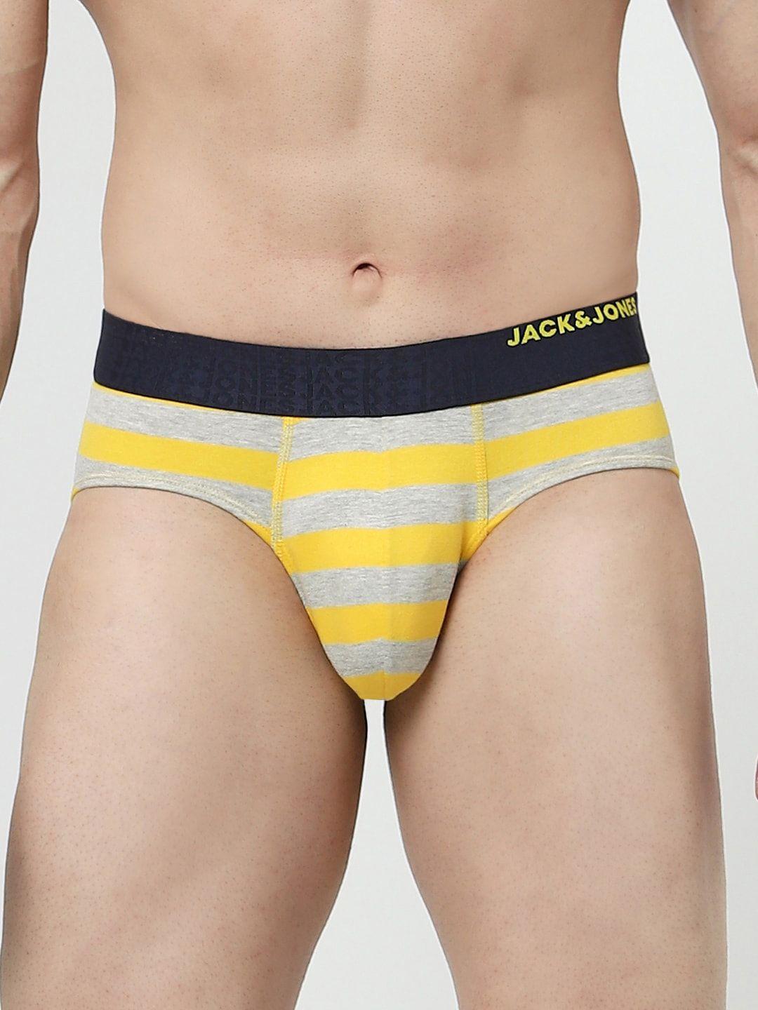 jack & jones men yellow striped printed pure cotton basic briefs