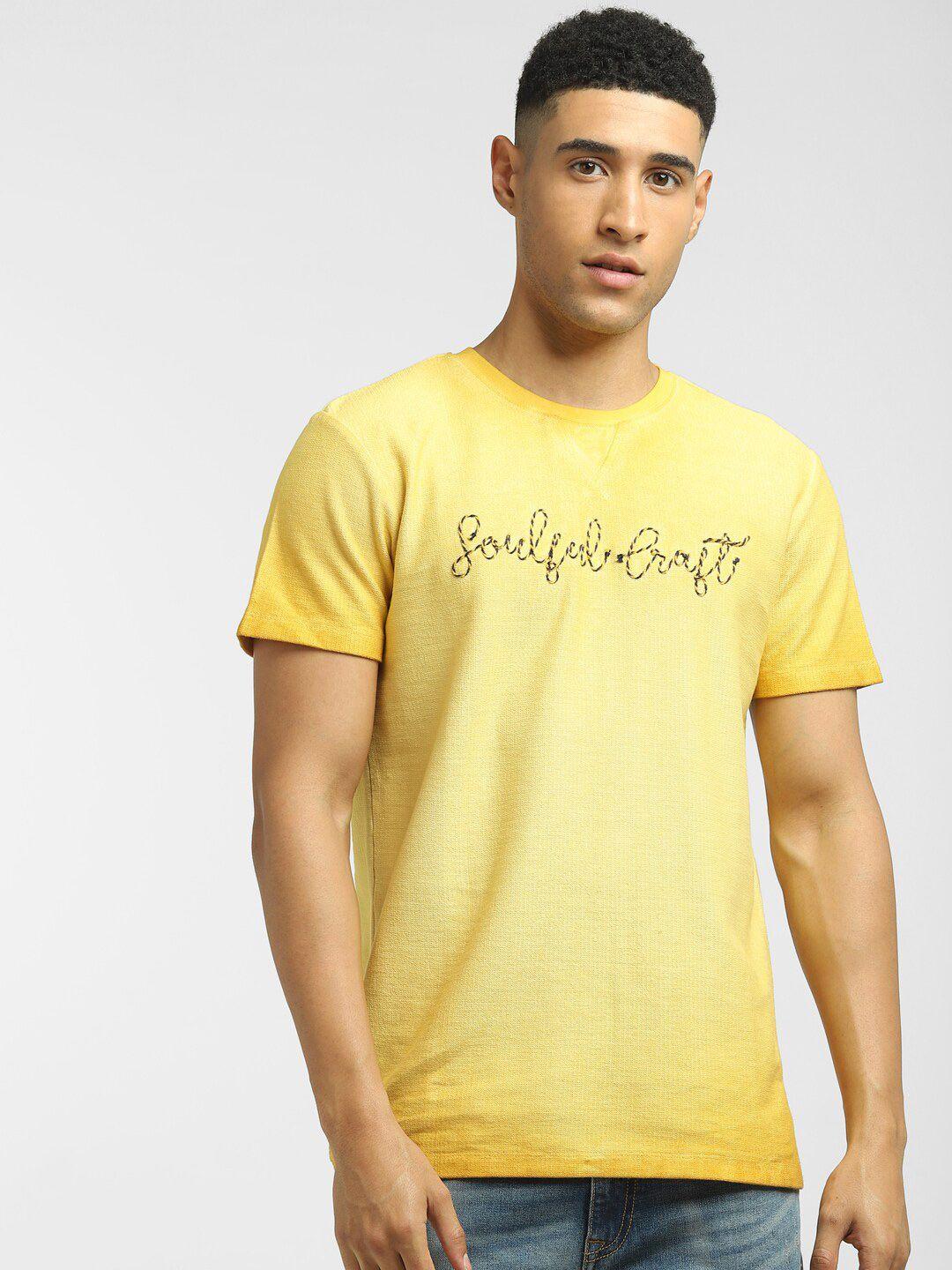jack & jones men yellow typography printed applique t-shirt