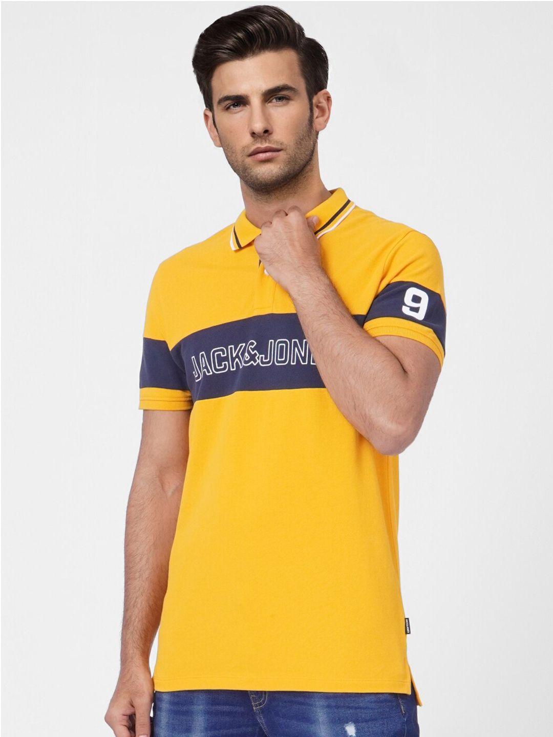 jack & jones men yellow typography printed polo collar cotton slim fit t-shirt