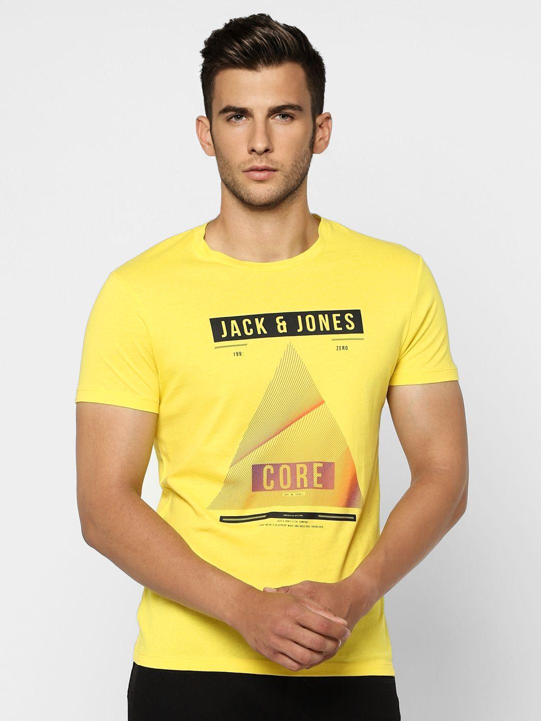 jack & jones men yellow typography printed slim fit t-shirt