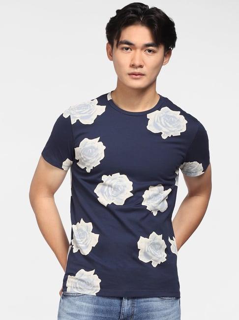 jack & jones navy blue cotton slim fit floral print t-shirt