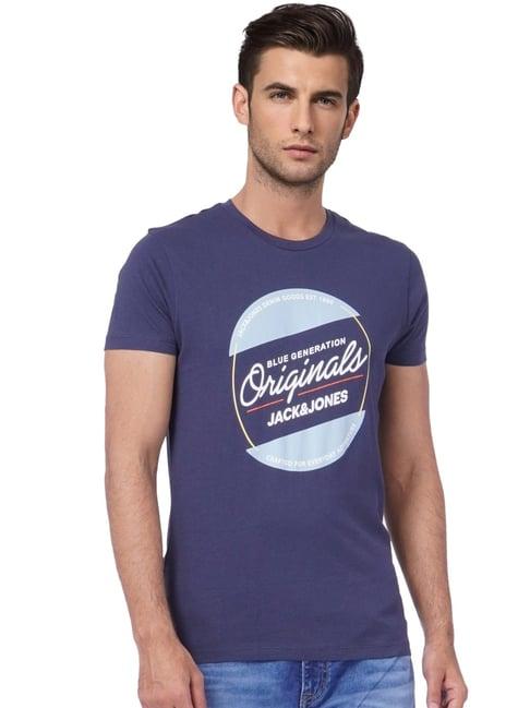 jack & jones navy cotton slim fit logo printed t-shirt