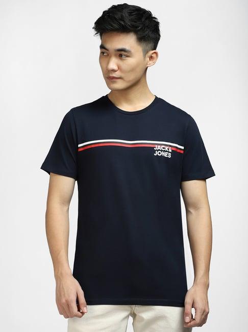 jack & jones navy slim fit printed cotton crew t-shirt