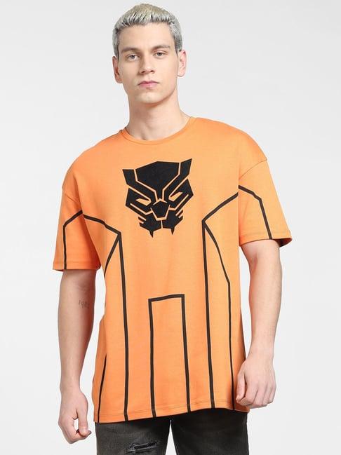 jack & jones orange cotton boxy fit printed t-shirt