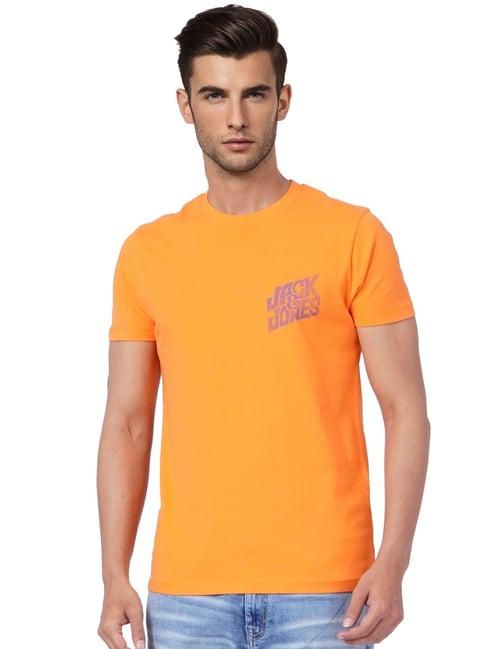 jack & jones orange cotton slim fit printed t-shirt
