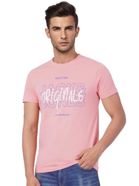 jack & jones peach cotton slim fit printed t-shirt