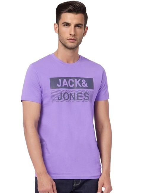 jack & jones purple cotton slim fit printed t-shirt