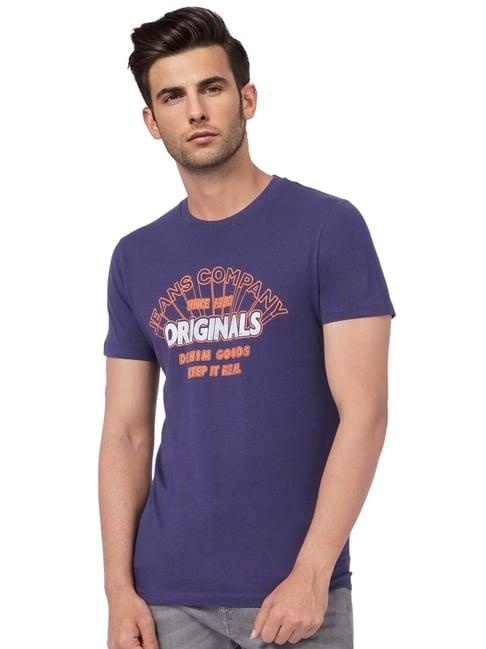 jack & jones purple cotton slim fit printed t-shirt