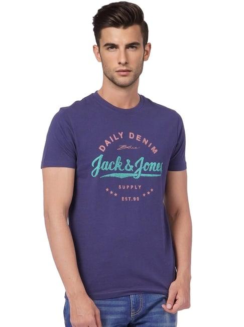 jack & jones purple cotton slim fit printed t-shirt