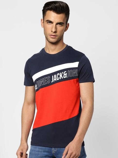 jack & jones red & navy cotton crew t-shirt