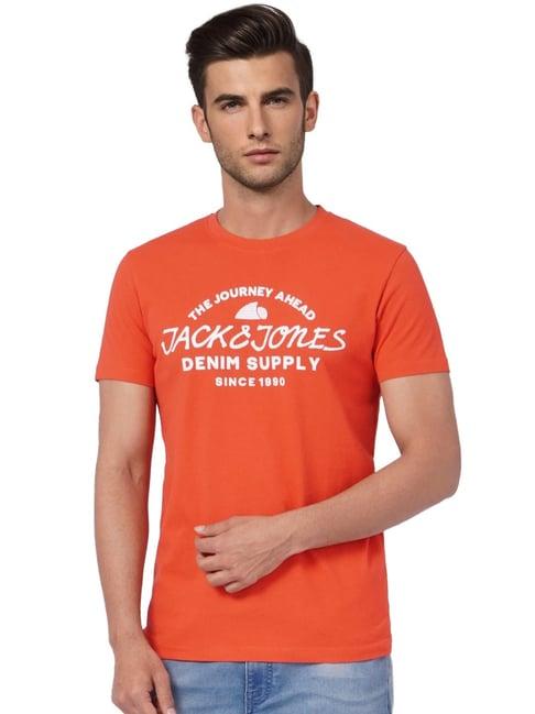 jack & jones red cotton slim fit logo printed t-shirt