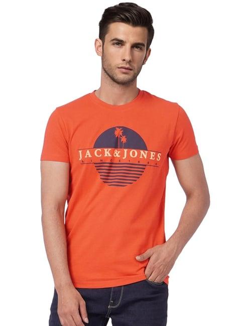 jack & jones red cotton slim fit logo printed t-shirt