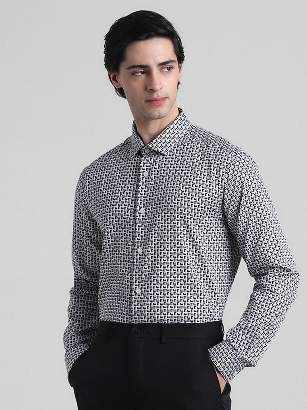 jack & jones slim fit geometric printed spread collar long sleeve cotton casual shirt
