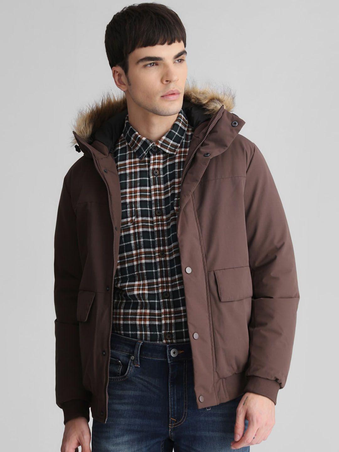 jack & jones solid casual parka jacket with faux fur trim