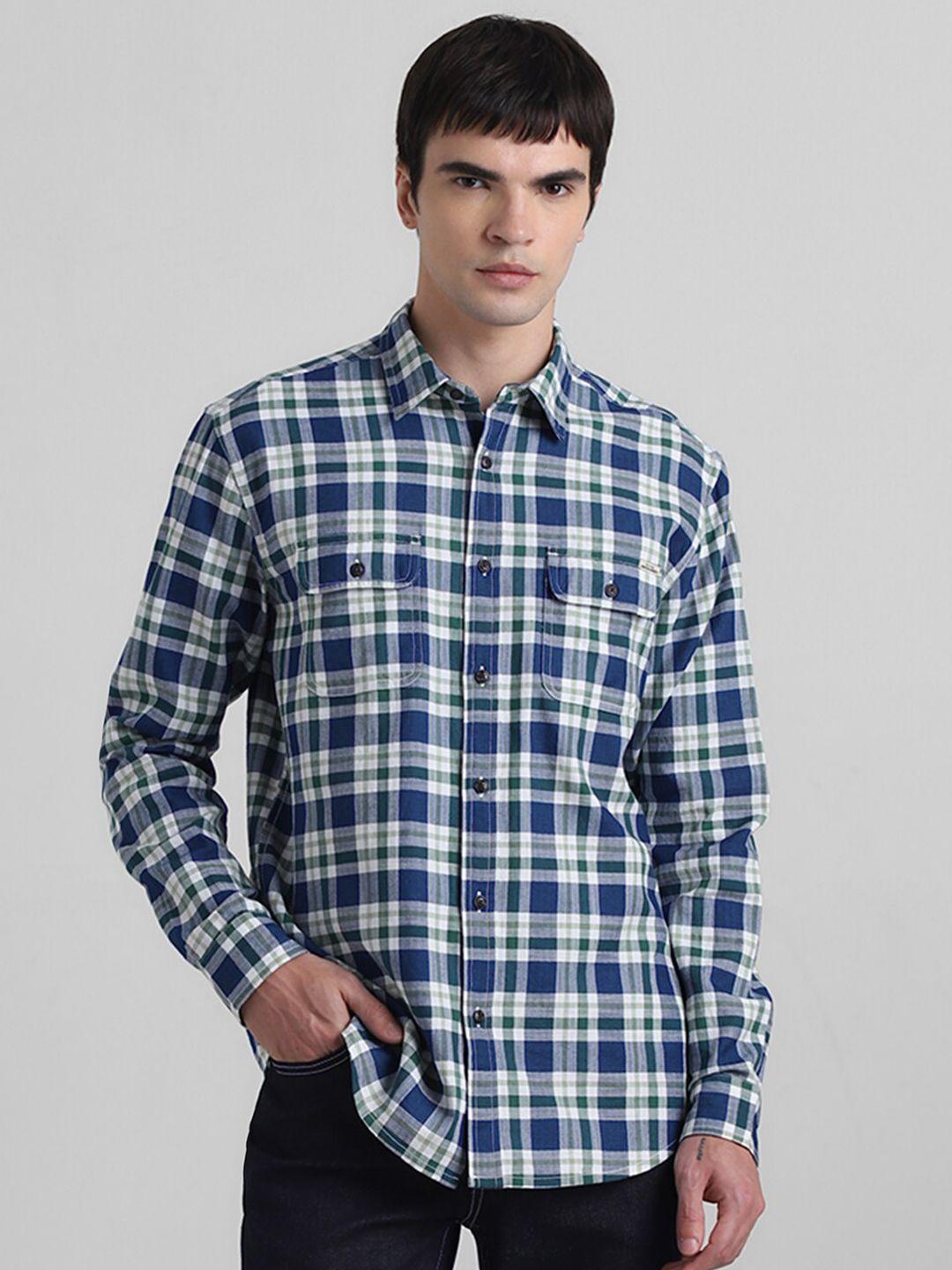 jack & jones tartan checks spread collar long sleeves cotton shacket