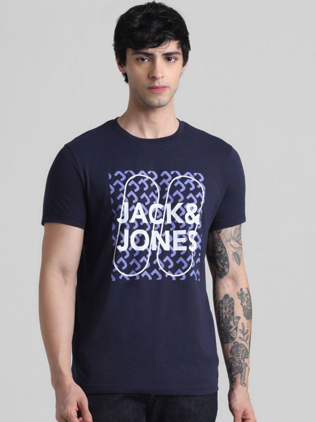 jack & jones typography printed round neck pure cotton slim fit t-shirt