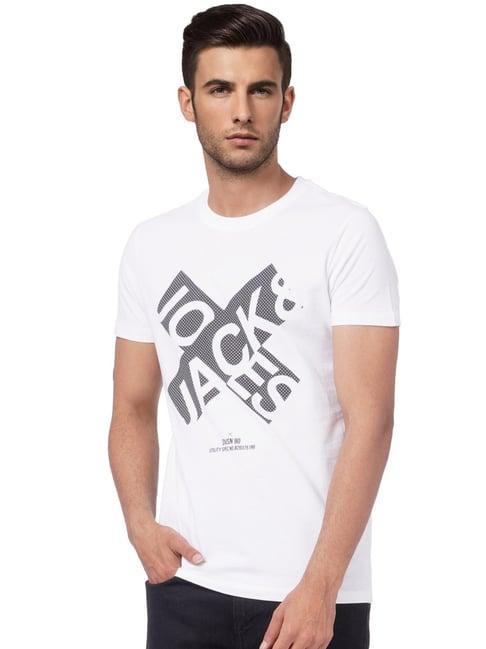 jack & jones white cotton slim fit printed t-shirt