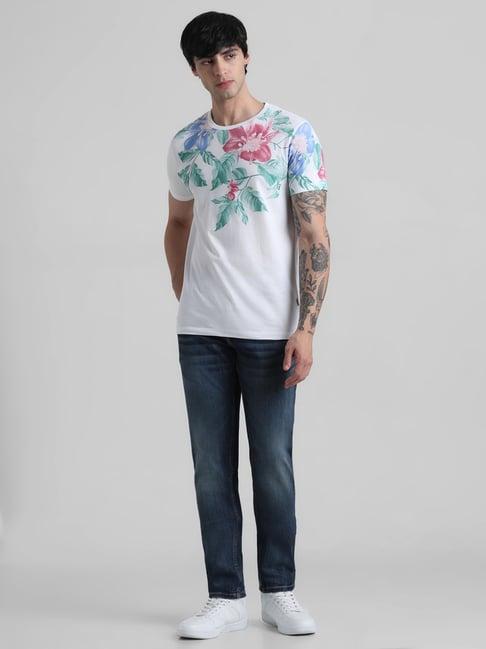 jack & jones white slim fit floral print cotton crew t-shirt