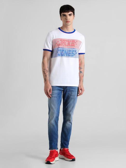 jack & jones white slim fit printed cotton crew t-shirt