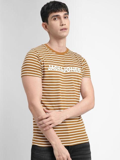 jack & jones yellow & white cotton slim fit striped t-shirt