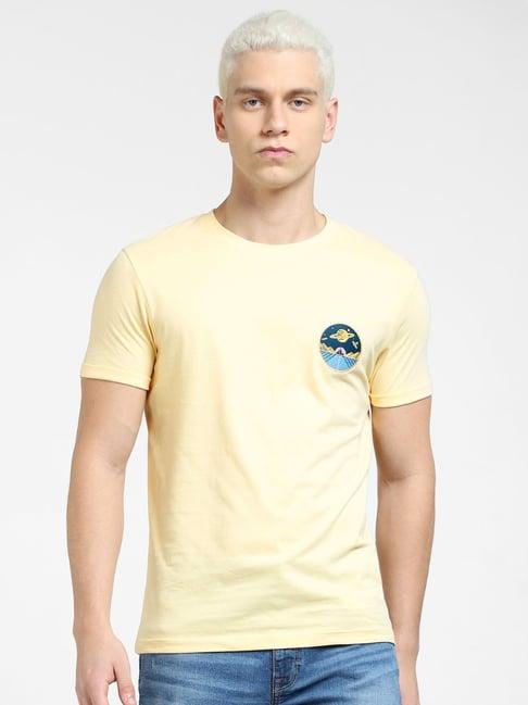 jack & jones yellow cotton slim fit embroidered t-shirt