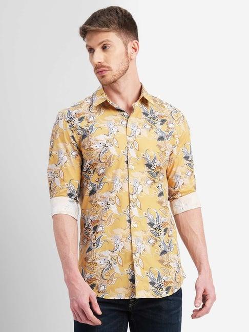 jack & jones yellow cotton slim fit printed shirt