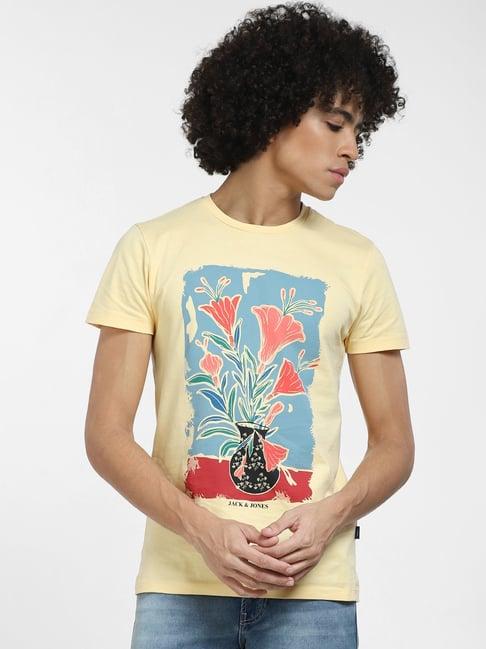 jack & jones yellow slim fit printed cotton crew t-shirt